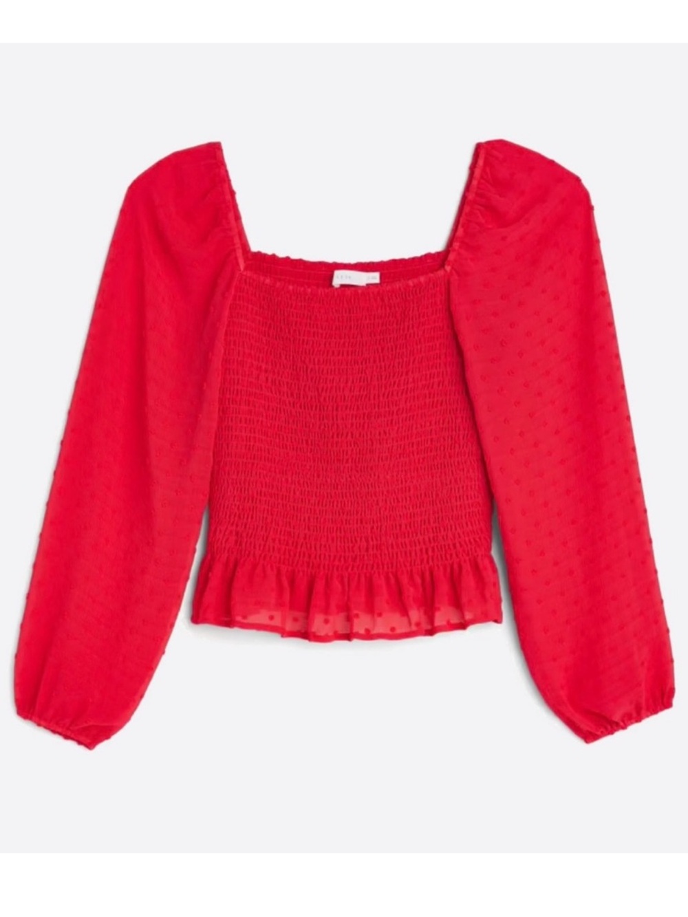 LUSH Red Smocked Square-Neck Long-Sleeve Top